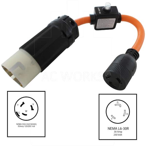 AC WORKS 50A SS2-50P/CS6365 Plug to 30A L6-30R Connector With 30A