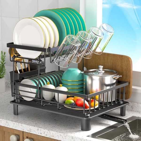 Lynzavix Black 2-Tier Dish Rack with Drainboard, Compact Kitchen