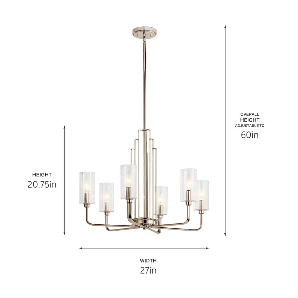 Elegant Art Deco 6-Light Chandelier in Polished Nickel with Clear Fluted Glass