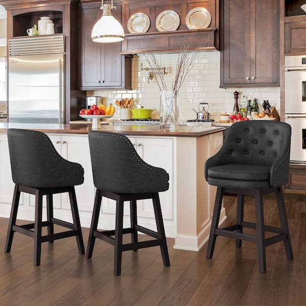 Geman 39 in. H Black High Back Faux Leather Solid Wood Bar Stool Counter Height Bar Stool with Cushion Set of 3