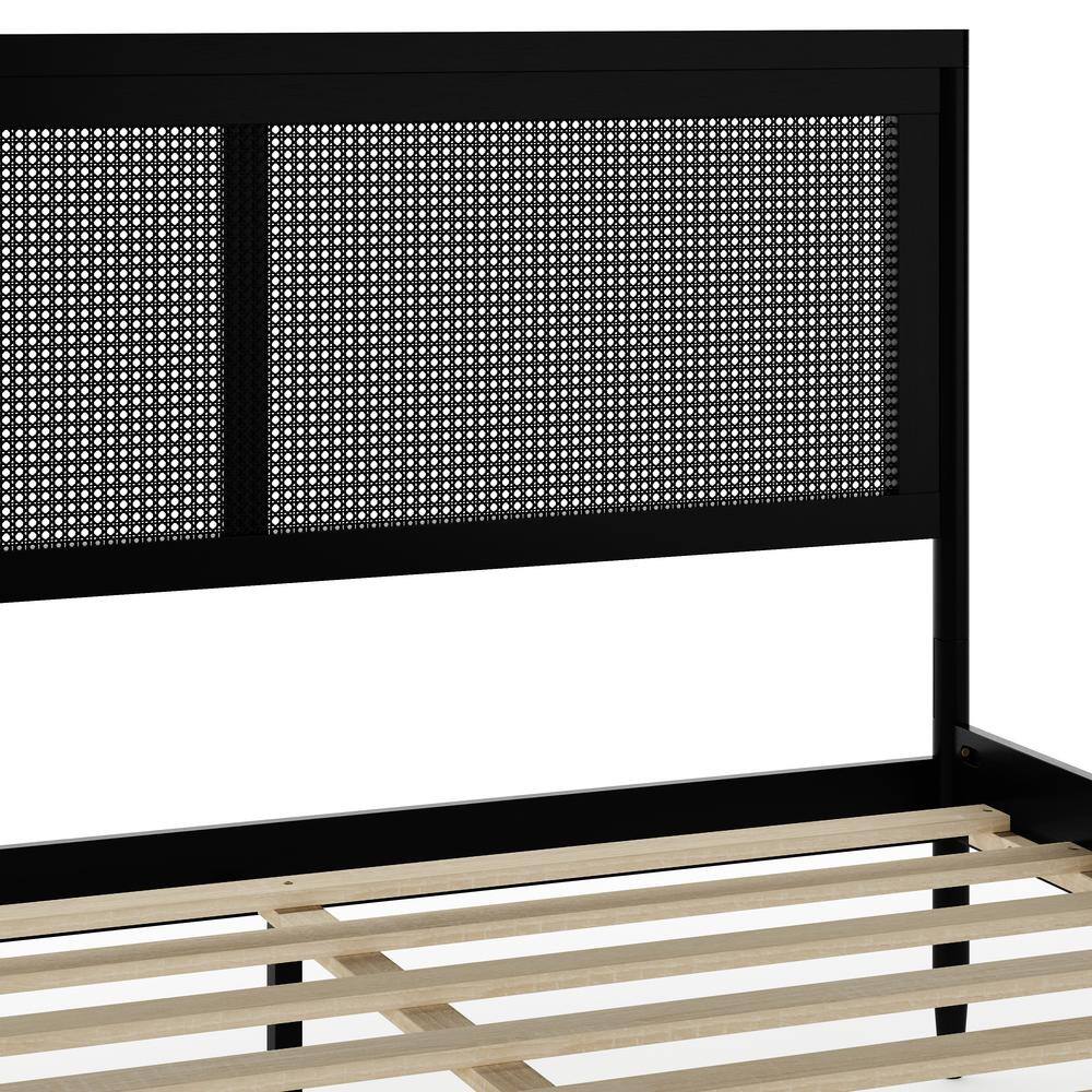 Black Queen Size Wood Platform Bed with Rattan Headboard and Footboard