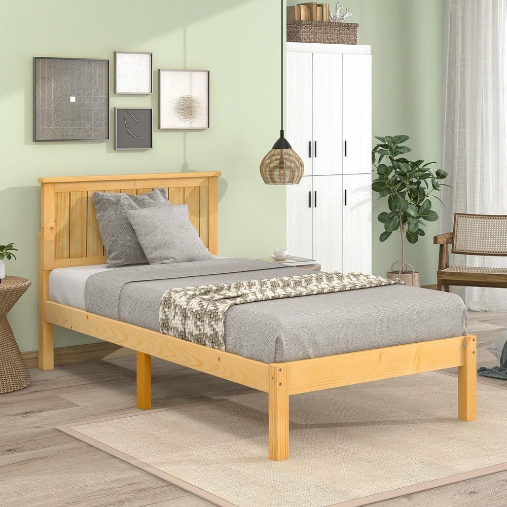 GODEER Brown Wood Frame Twin Platform Bed with Headboard W504S00323LXL ...