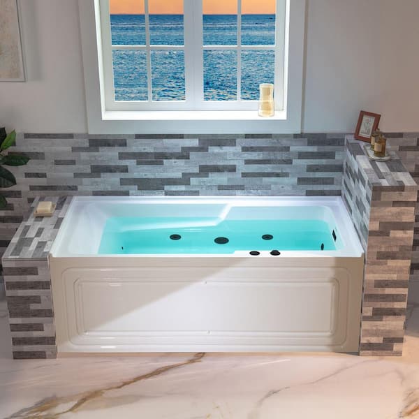 60 in. x 30 in. Whirpool and Heated Bathtub with Right Drain in White with Matte Black Hardware