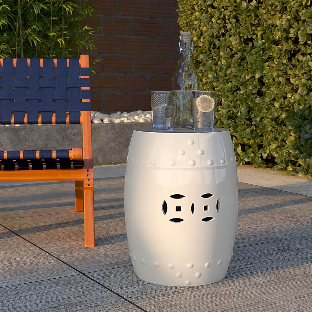 Optic White Ceramic Garden Stool with Double Medallion Design