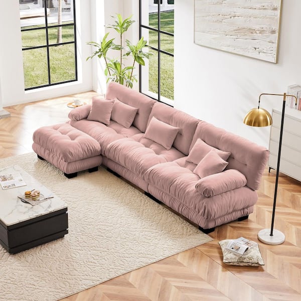 133.8 in. W Chenille Oversized L Shaped Modular Sectional Sofa with Convertible Ottoman in Pink