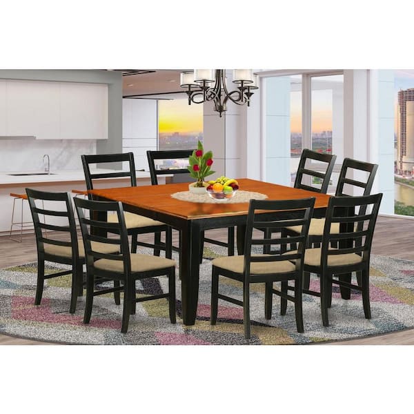 East West Furniture 9-Piece Square Black Finish Solid Wood Top Dining Table with 8-Chairs with Lattice Back
