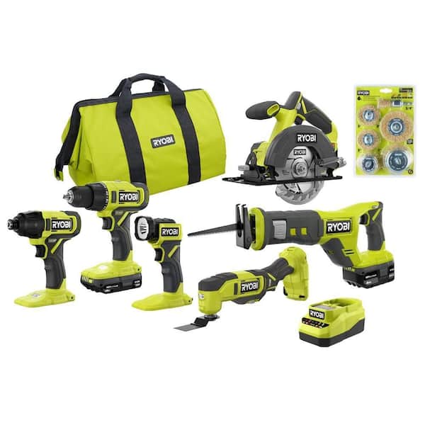 ONE+ 18V Cordless 6-Tool Combo Kit with 1.5 Ah Battery, 4.0 Ah Battery, Charger, and Wire Wheel Assortment Set (6-Piece)