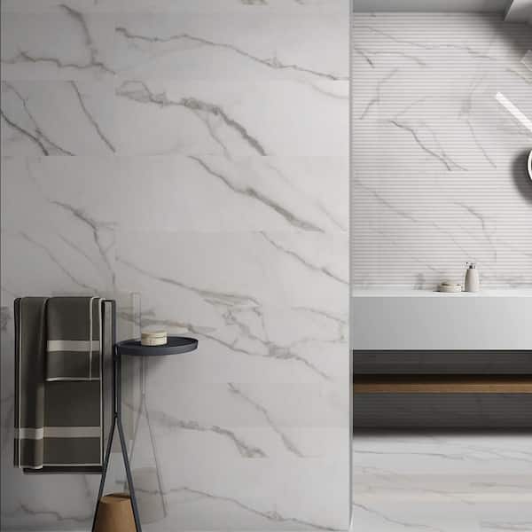 Turret Statuario White 12 in. x 36 in. Glossy Ceramic Rectangular Wall Tile (14.53 sq. ft. /Case)