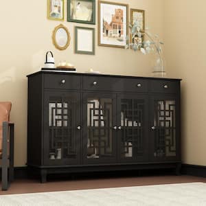 Black Minimalist Retro Style Wood Accent Storage Cabinet with 3-Drawer, Glass Doors and Adjustable Shelves