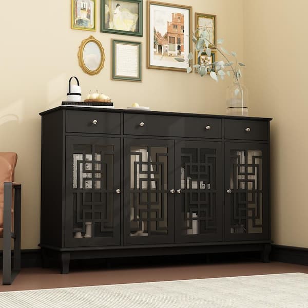 FUFU&GAGA Black Minimalist Retro Style Wood Accent Storage Cabinet with 3-Drawer, Glass Doors and Adjustable Shelves