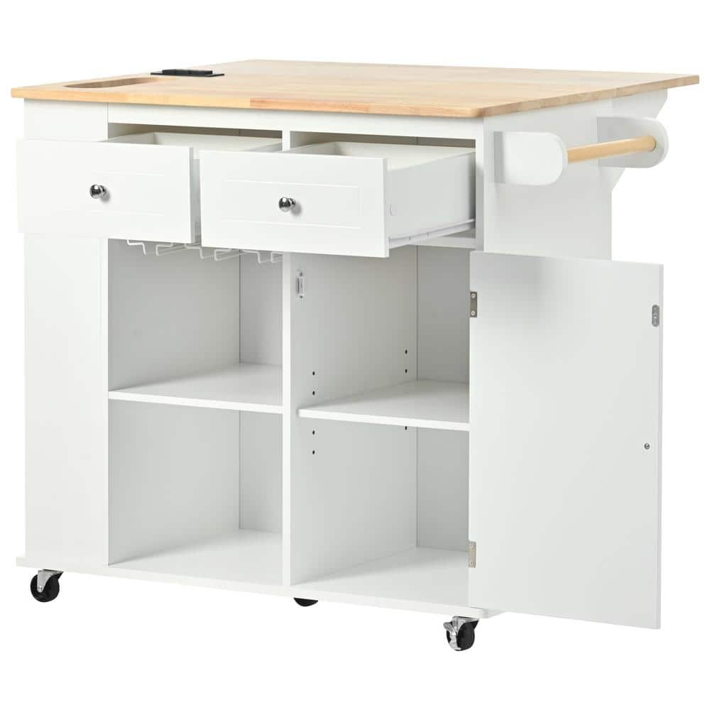 tunuo White Rubber Wood 40 in. Kitchen Island with Drawers and Power Outlet, MDF Kitchen Island with Wine Rack and Drop Leaf