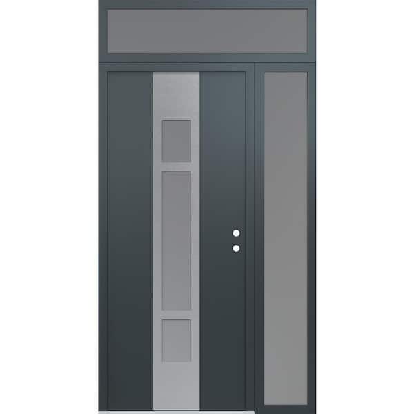 A9 52 in. x 96 in. Silver P Left-Hand/Inswing Frosted Glass Anth/Anth Sidelite+Transom Steel Prehung Front Door