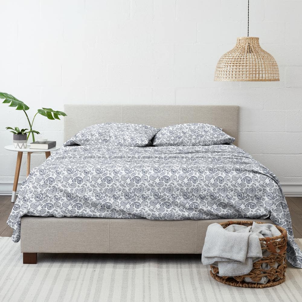 Navy Floral Microfiber Full Sheet Set with Deep Pockets