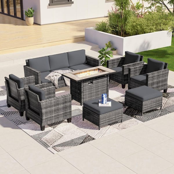 Sonkuki 8-Pieces Patio Conversation Set with Rectangle Fire Pit Table and Ottomans, Gray Wicker Sofa with Gray Cushion