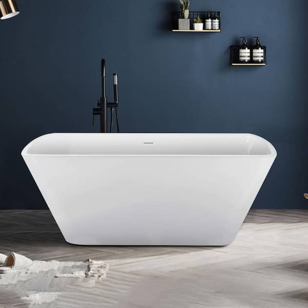 Mokleba 59 in. Classic Rectangle Acrylic Freestanding Flatbottom Non-Whirlpool Double-Ended Soaking Bathtub in White