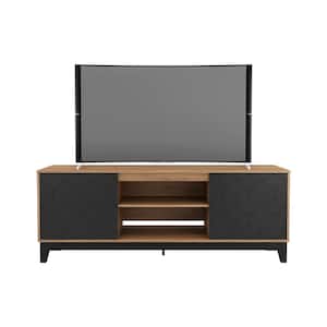 Hexagon 71 in. Nutmeg and Matte Black Engineered Wood TV Stand Fits TVs Up to 80 in. with Storage Doors