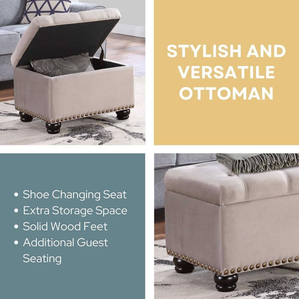 Elegant Taupe Velvet Tufted Storage Ottoman with Antique Nailhead Trim