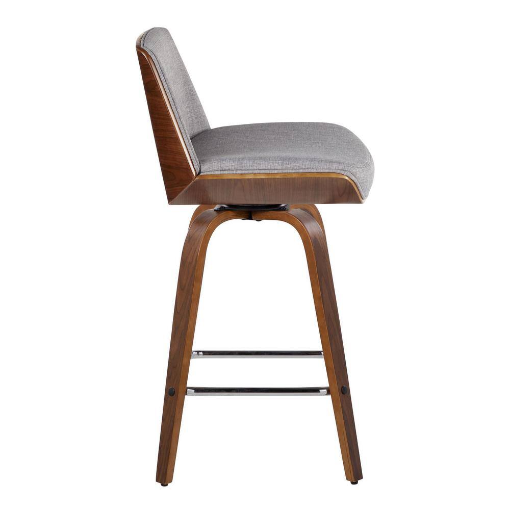 Walnut and Light Gray Swivel Counter Stool with Chrome Footrest