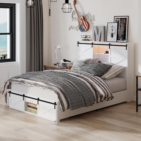 White Wood Frame Queen Panel Bed with Built-in RGB Light and Bluetooth Control, USB and AC Outlets