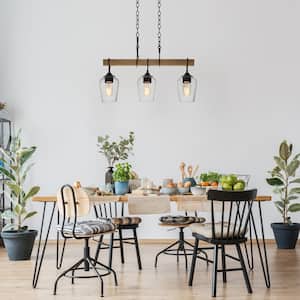 Transitional Black Dining Room Island Chandelier, 25 in. 3-Light Farmhouse Faux Wood Pendant Hanging light for Bedroom