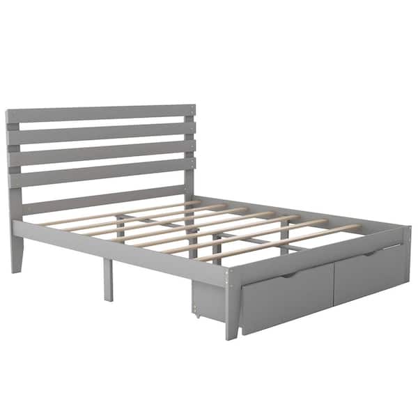 Z-joyee 63.80 in. W Gray Wood Frame Queen Platform Bed with 2-Drawers