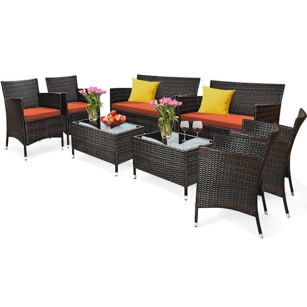 Gymax 8-Pieces Patio Rattan Conversation Furniture Set Outdoor with Orange Cushion