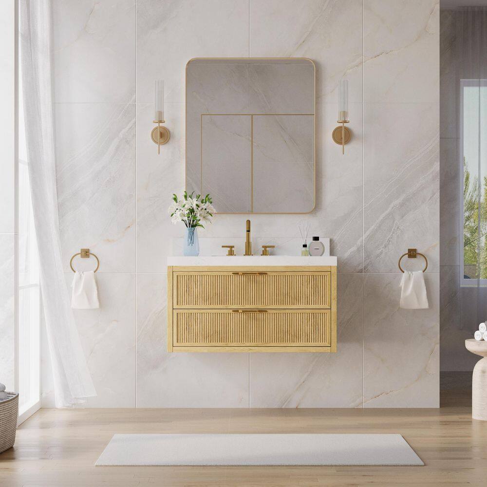 36 in. Wall Solid Wood Oak Bath Vanity with Calacatta White Quartz Top, Single Sink, Soft Close, Assembled price history on PriceWatchPro