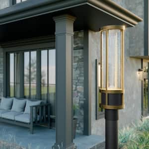 Camillo 1-Light Textured Black and Brass Aluminum Hardwired Waterproof Outdoor Post Light with Integrated LED (1-Pack)