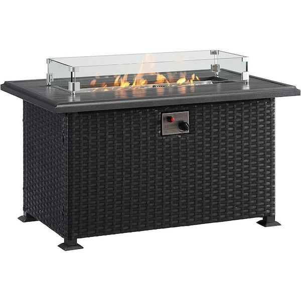 TIRAMISUBEST 50000 BTU Black Rectangular Wicker 43.3 in. x 27.5 in. x 24.5 in. Outdoor Fire Pit Table
