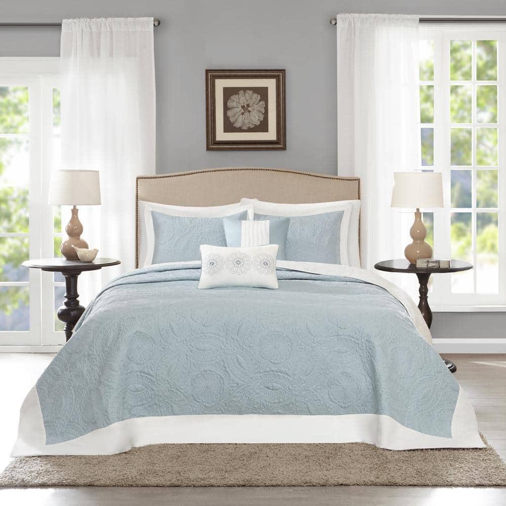 Blue Reversible King Microfiber Bedspread Set with Shams