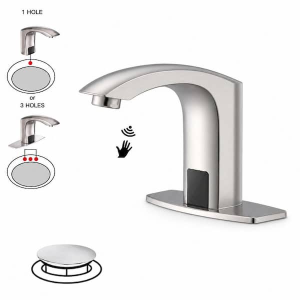 Automatic Sensor Touchless Single Hole Bathroom Sink Faucet with Deck Plate and Pop Up Drain in Brushed Nickel