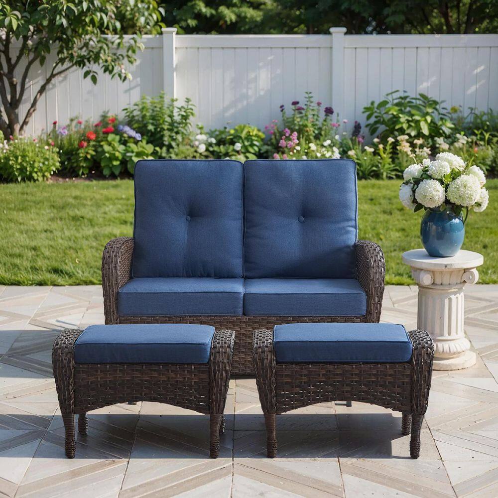 Rotavia Brown 50 in. 2-Person Wicker Outdoor Glider Patio 3-Piece Loveseat Glider Bench with Ottoman and Blue Cushions price history on PriceWatchPro