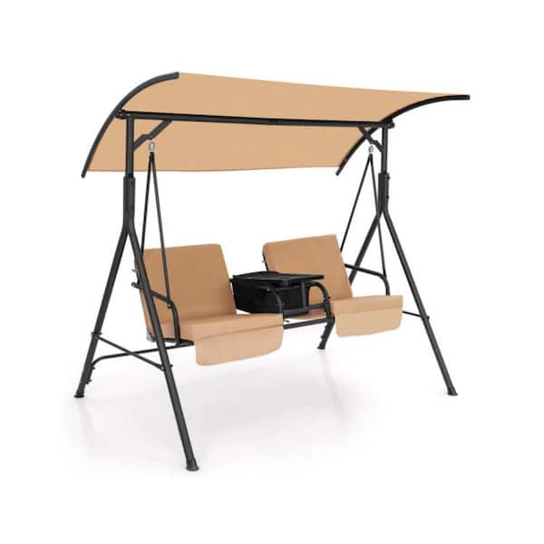 Kadehome 2-Person Black Metal Patio Swing Chair with Adjustable Canopy and Cushion in Beige