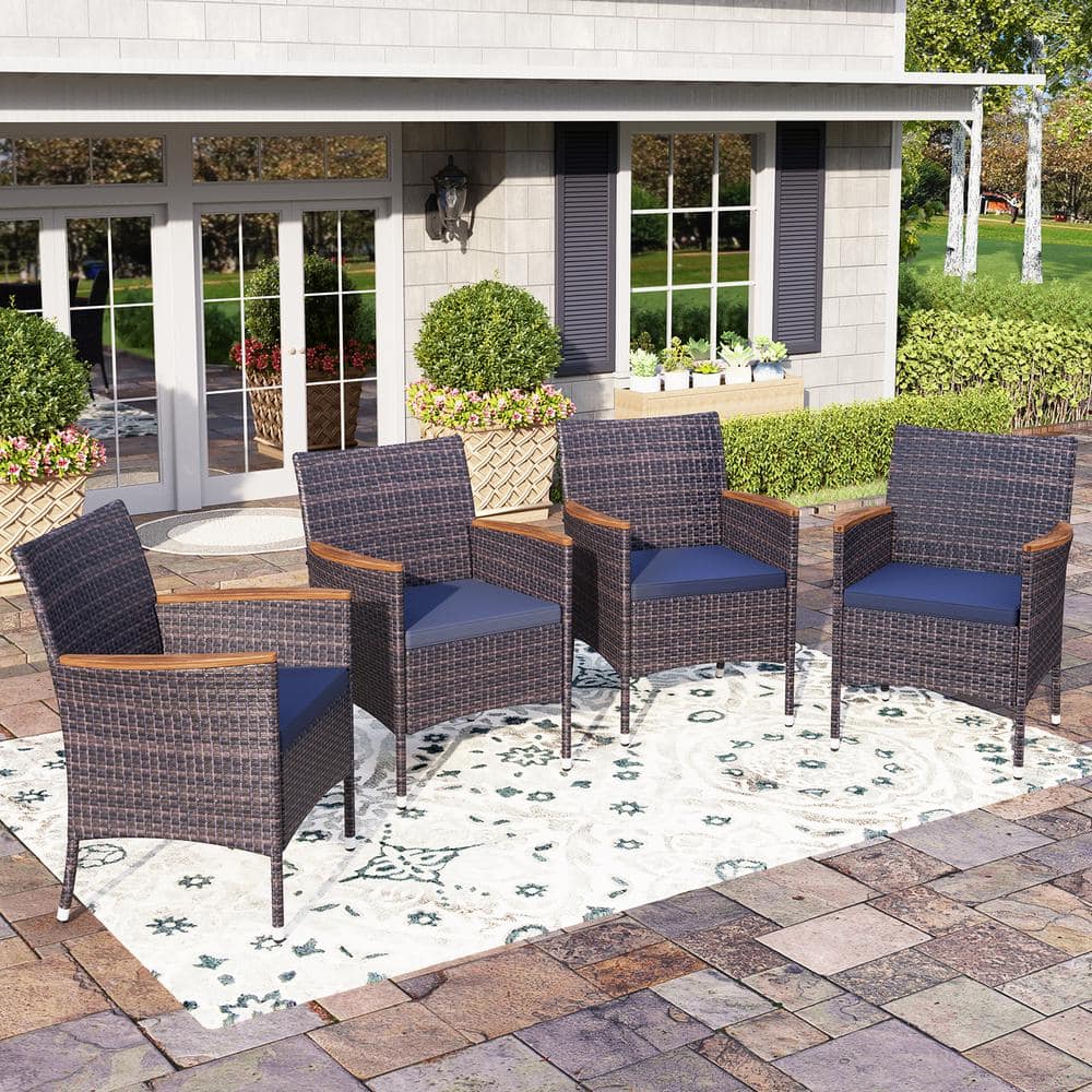 Black Ergonomic Rattan Metal Wooden Armrest Patio Outdoor Dining Chair with Blue Cushion (4-Pack) price history on PriceWatchPro