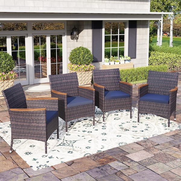 PHI VILLA Black Ergonomic Rattan Metal Wooden Armrest Patio Outdoor Dining Chair with Blue Cushion (4-Pack)