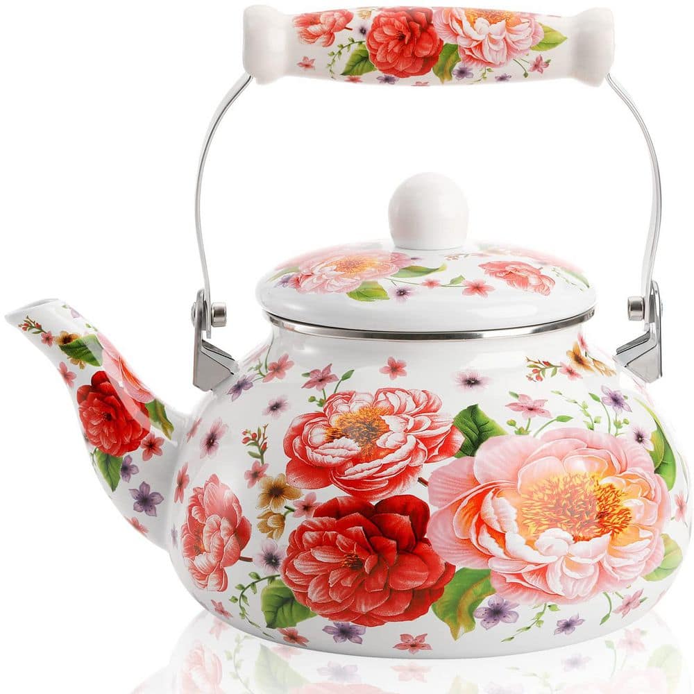 Wudkey 10-Cup White Enamel Tea Kettle Stovetop, 2.6 qt. Vintage