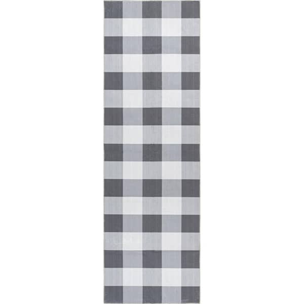 nuLOOM Lucy Machine Washable Farmhouse Buffalo Plaid Grey 3 ft. x 6 ft. Runner Rug Area Rug
