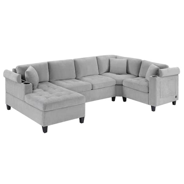 Rilven 115.7 in. Square Arms Tufted Chenille U-Shaped Sectional Sofa in Light Grey with Pillows, USB Ports, Cup Holders