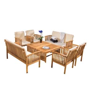 Thalia Brown 8-Piece Wood Outdoor Patio Conversation Set with Cream Cushions