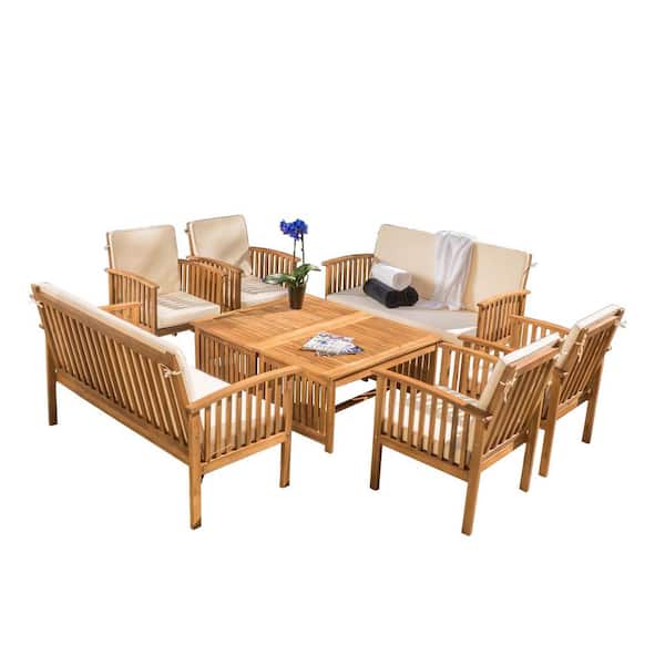 Noble House Thalia Brown 8-Piece Wood Patio Conversation Set with Cream Cushions
