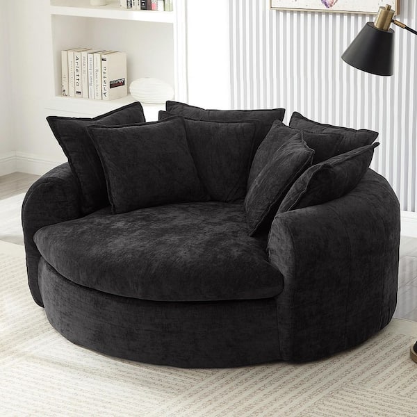 Faylor 59.8 in. Rolled Arms Chenille Upholstered Round Sofa in Black, Full-Compressed Boneless Chaise Sofa with Pillows
