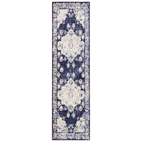 Monaco Ivory/Navy  2 ft. x 8 ft. Distressed Border Medallion Runner Rug