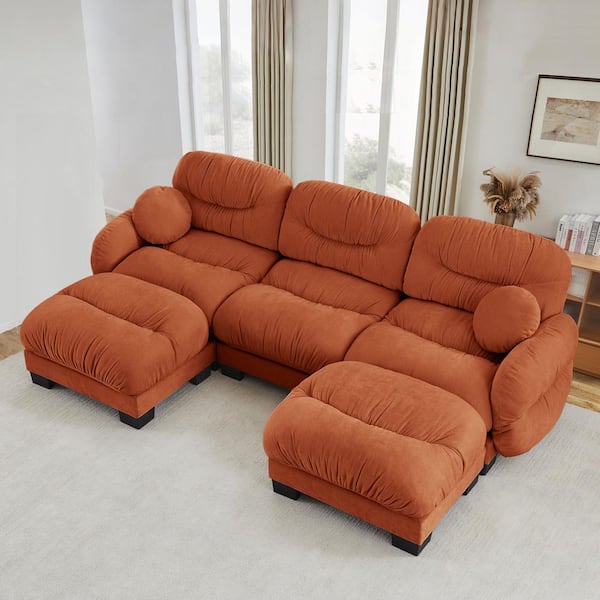 116.1 in. Round Arms Chenille U-Shaped Modular Sectional Sofa in Orange with 2 Ottomans and Throw Pillows