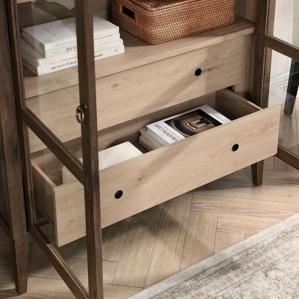 Nolan 74" Walnut Light Oak Arched Storage Display Cabinet with Glass Doors