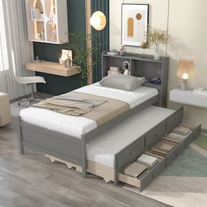 Modern Gray Twin Size Bed with Twin Size Trundle, Wooden Platform Bed with 3-Drawers for Kids, No Box Spring Needed
