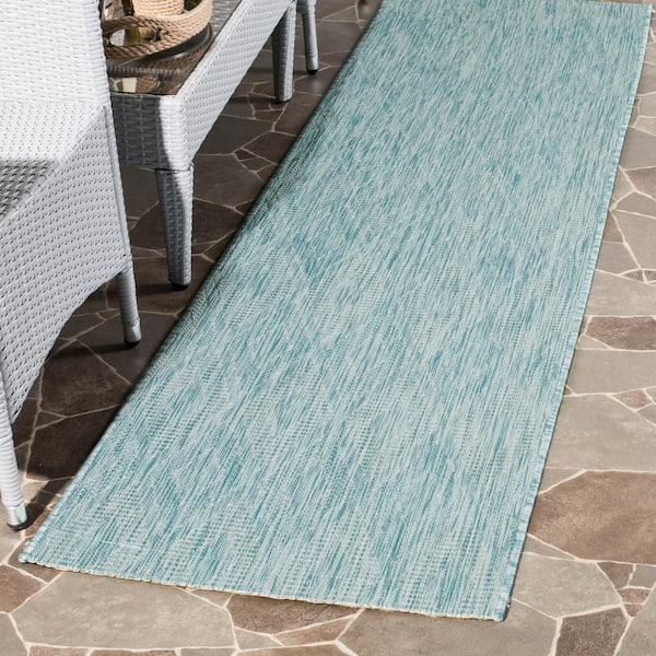 Courtyard Aqua 2 ft. x 12 ft. Solid Indoor/Outdoor Patio  Runner Rug