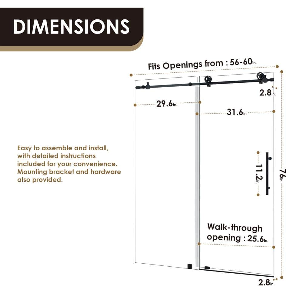 60'' Matte Black Frameless Sliding Shower Door with Clear Tempered Glass