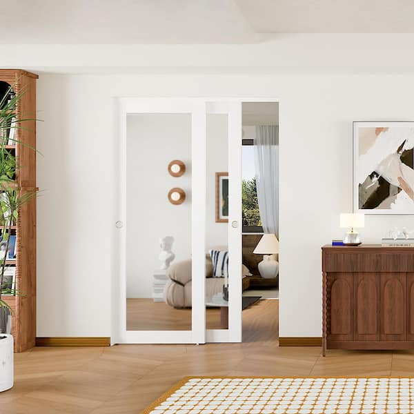 48 in. x 80 in. PVC Covering, White MDF Sliding Door with Double Mirrored 1-Lite Glass, All Hardware