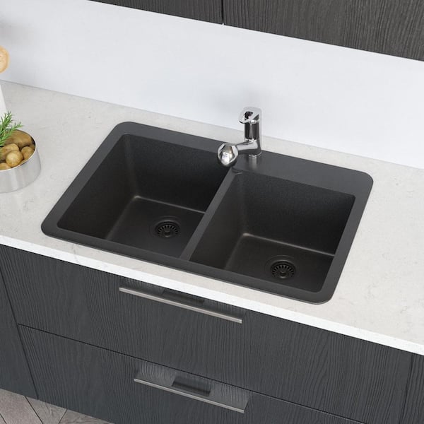 Rene Carbon Granite Quartz 33 in. Double Bowl Drop-In Kitchen Sink Kit