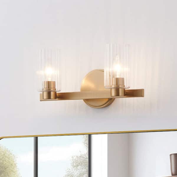 Bedminster 14-in. 2-light Champagne Gold Vanity Light with Clear Ribbed Glass Shades